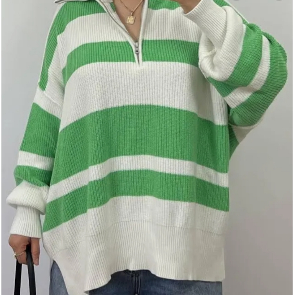 Aerie Green and White Striped Half Zipped Oversized Sweater